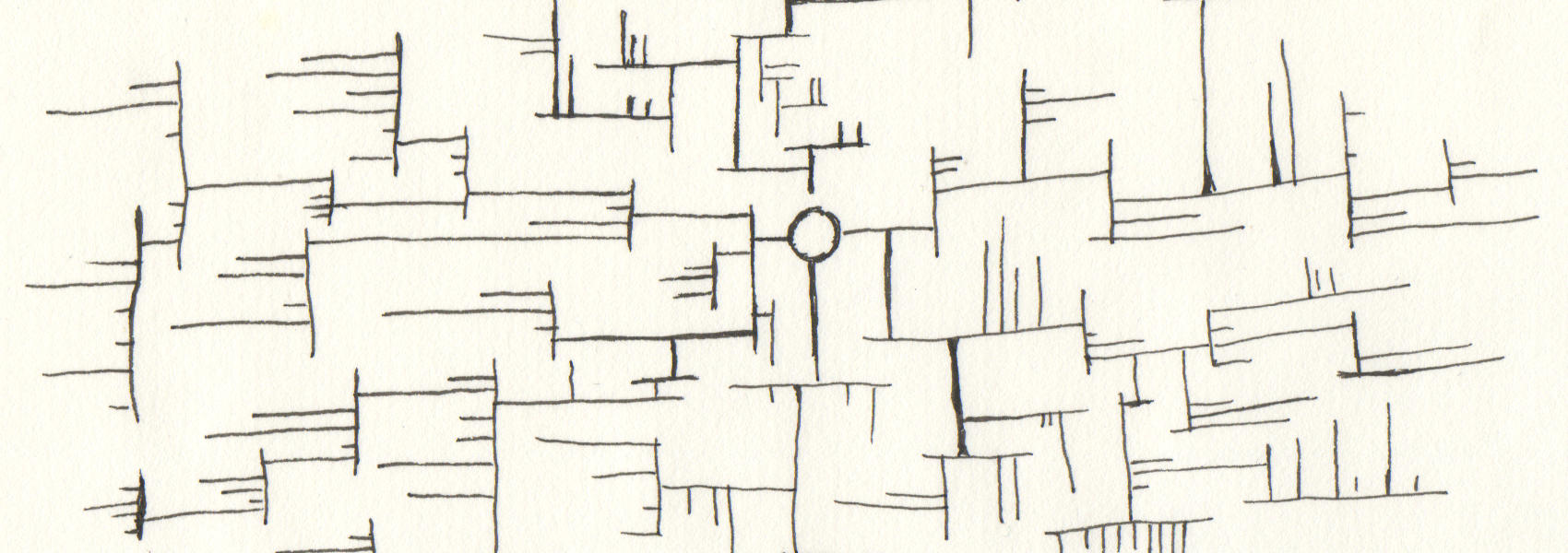 Close crop of Angular Fractal Tree. Ink on paper drawing of an angular tree-like diagram branching out from a central circle. Own work. 2020.