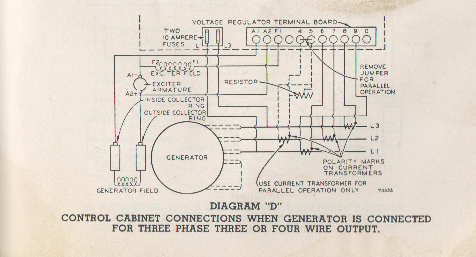 Circuit diagram. Diagram D. Control cabinet connections when generator is connected for three phase or four phase wire output.
