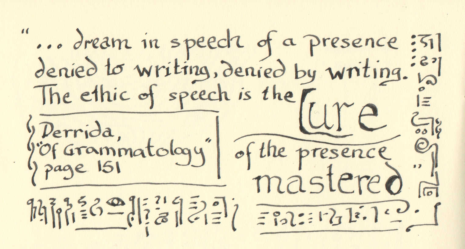 The lure of language. Ink on paper, by AK Krajewska. Image description: Calligraphied text in an ink-drawn frame "dream in speech of a presence denied to writing, denied by writing. The ethic of speech is the lure of the presence mastered." - Derrida, of Grammatology, page 151