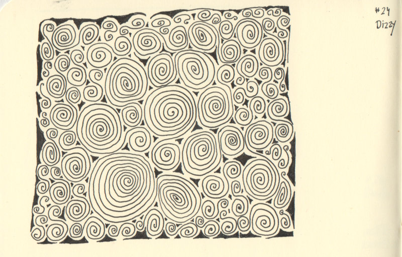 Ink and pen drawing of many spirals enclosed in a square