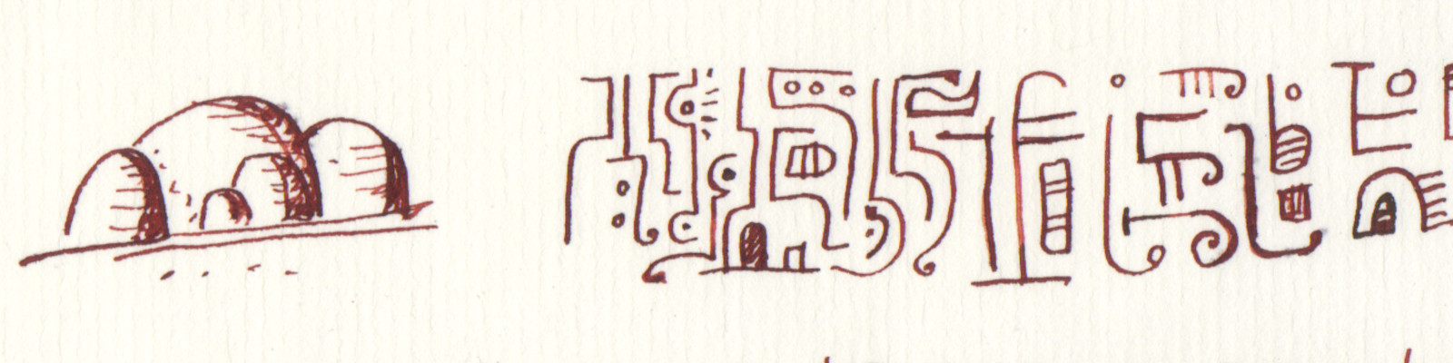 Ink on paper, drawing of a hill with glyphs. Own work. 2023.