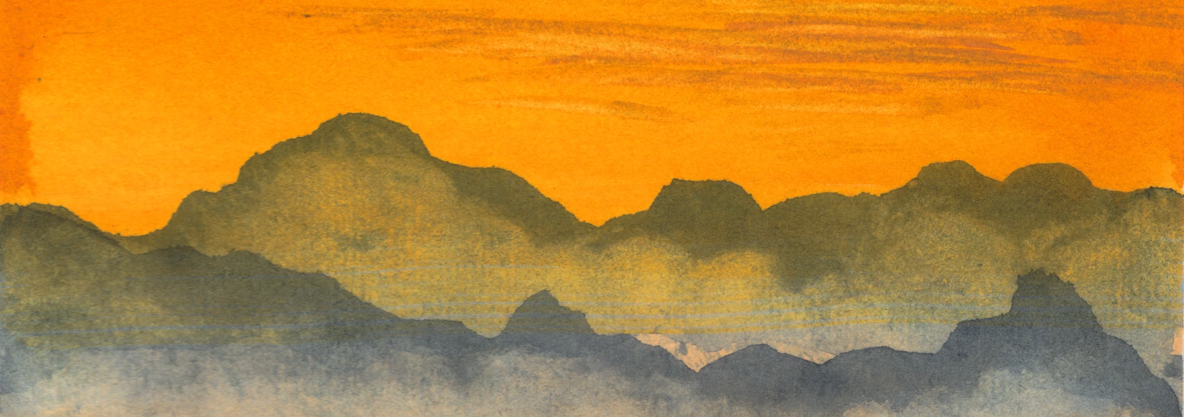 A close crop of a watercolor painting of a mountain range against an orange sky